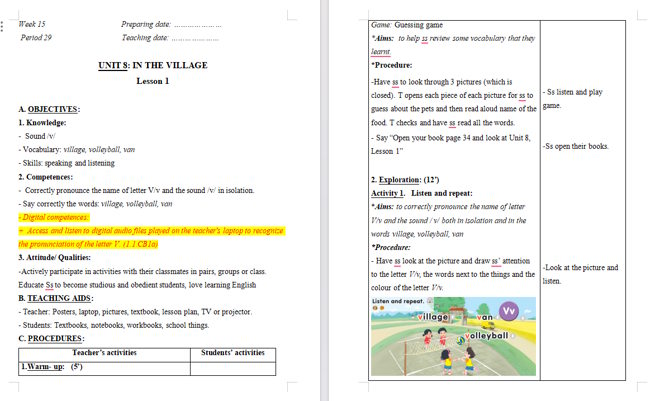 Giáo án tích hợp NLS Tiếng Anh 2 Unit 8: Lesson 1