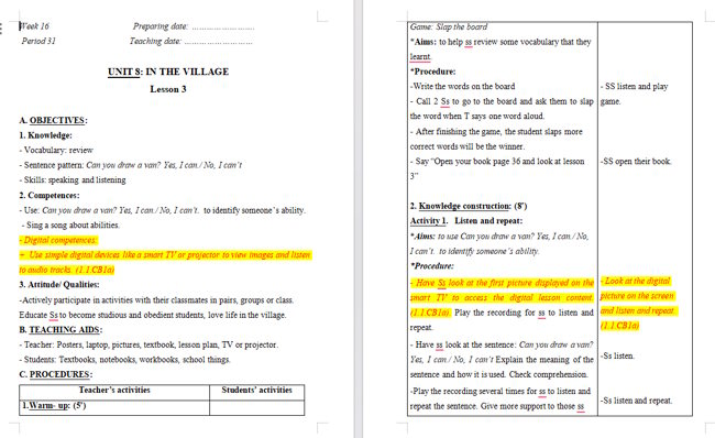 Giáo án tích hợp NLS Tiếng Anh 2 Unit 8: Lesson 3