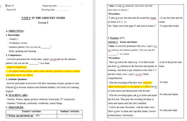 Giáo án tích hợp NLS Tiếng Anh 2 Unit 9: Lesson 2