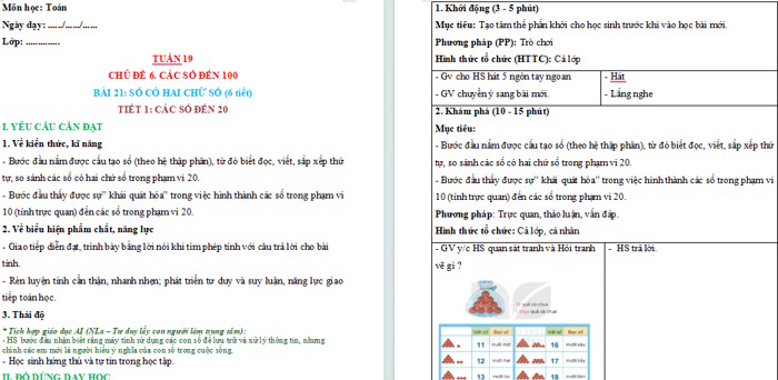 Giáo án tích hợp AI Toán lớp 1 Học kì 2