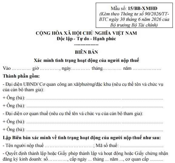 Mẫu 15/BB-BKD: Biên bản xác minh tình trạng hoạt động của người nộp thuế tại địa chỉ đã đăng ký đã đăng ký