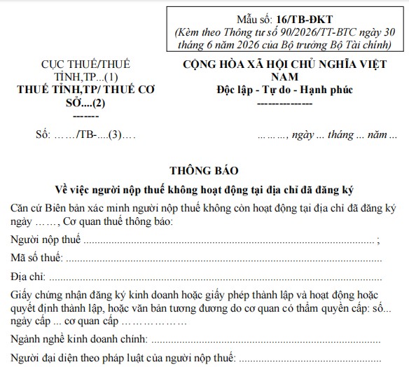 Mẫu số 16/TB-ĐKT: Thông báo người nộp thuế không hoạt động tại địa chỉ đã đăng ký