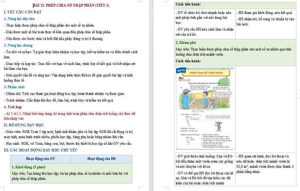 Kế hoạch bài dạy Toán 5 Bài 22 NLS