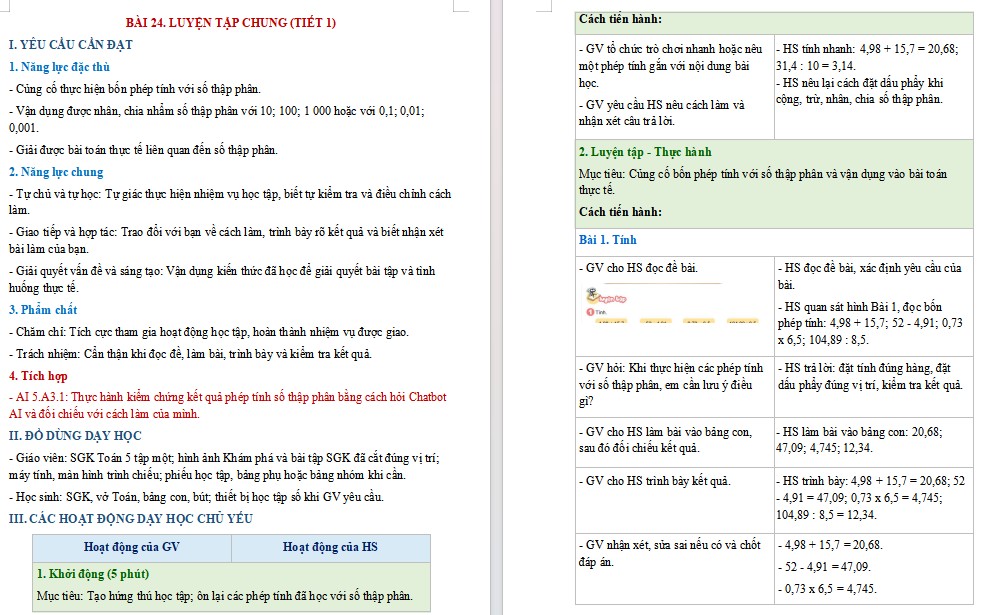 Kế hoạch bài dạy Toán 5 Bài 24 NLS