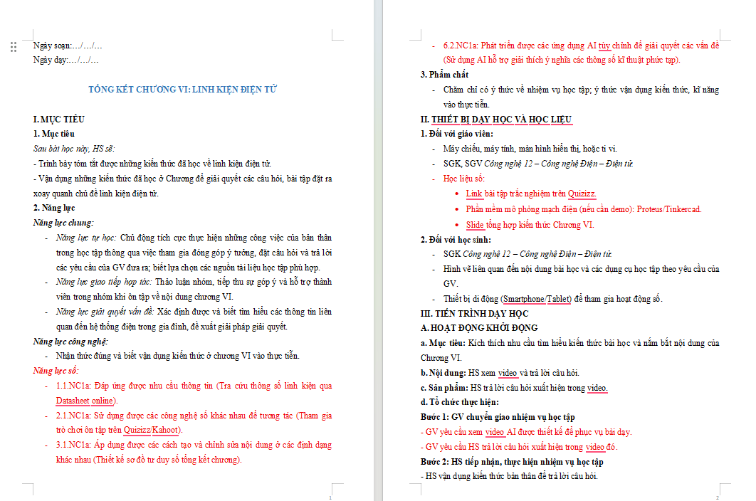 Giáo án Công nghệ Điện - Điện tử 12: Tổng kết Chương 6