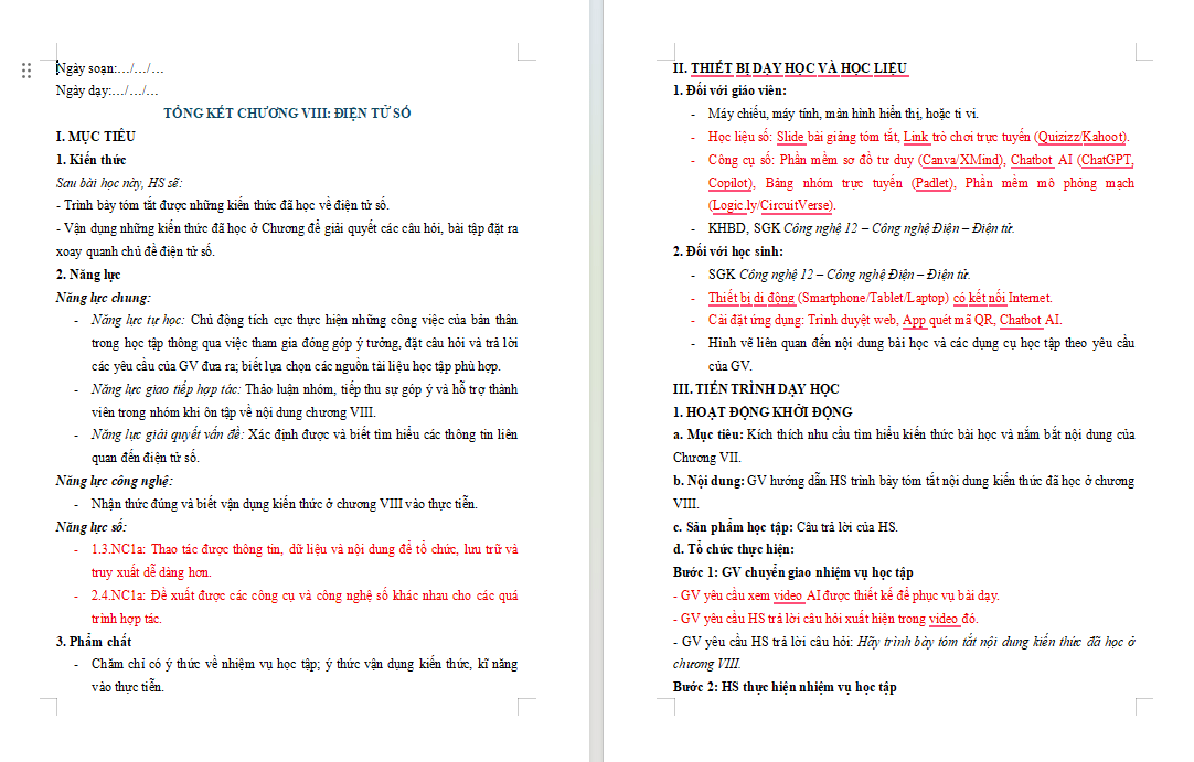 Giáo án Công nghệ Điện - Điện tử 12: Tổng kết Chương 8 (Năng lực số)