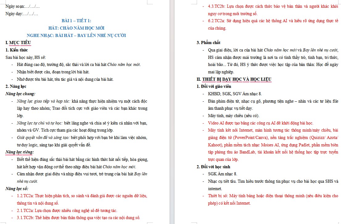 Kế hoạch bài dạy Âm nhạc 8 Tiết 1 NLS