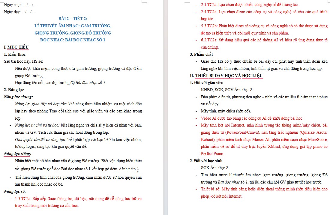Kế hoạch bài dạy Âm nhạc 8 Tiết 2 NLS