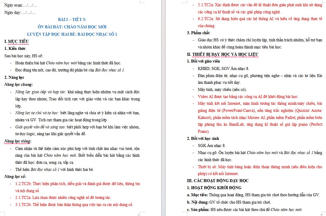 Kế hoạch bài dạy Âm nhạc 8 Tiết 3 NLS