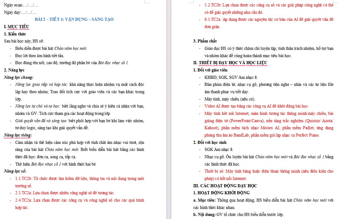 Kế hoạch bài dạy Âm nhạc 8 Tiết 4 NLS