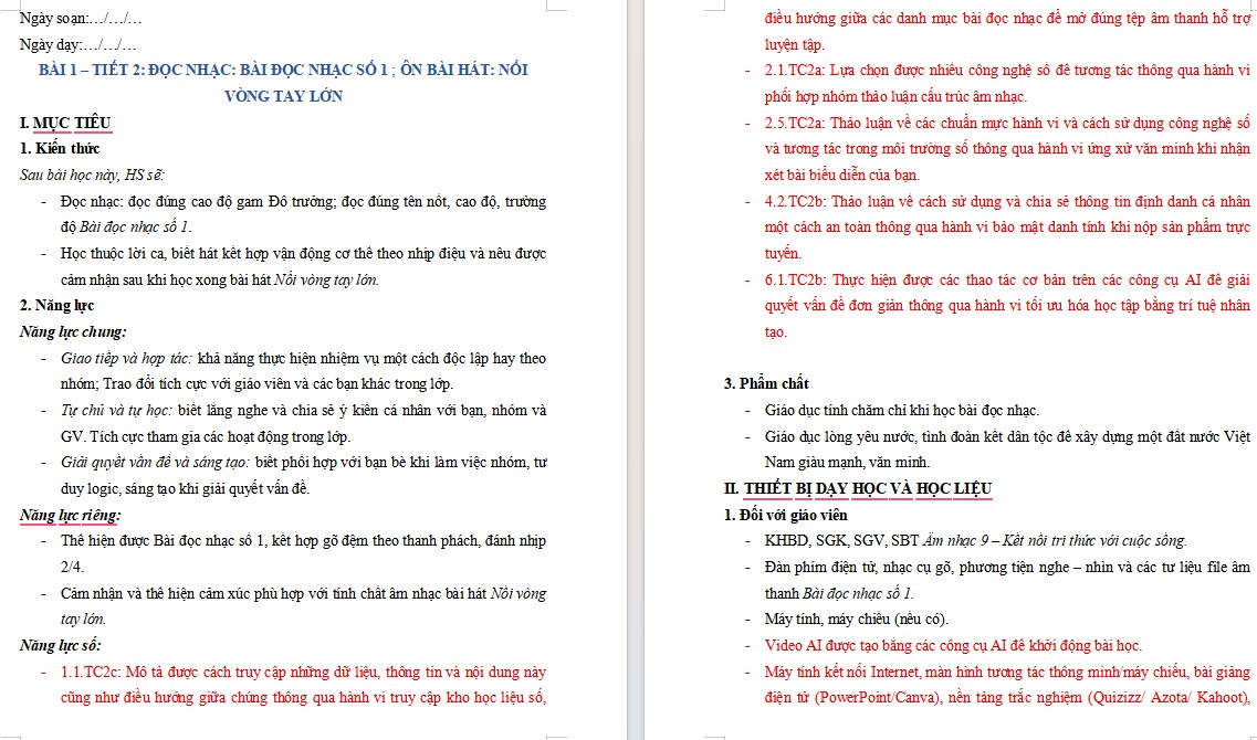 Kế hoạch bài dạy Âm nhạc 9 Tiết 2 NLS