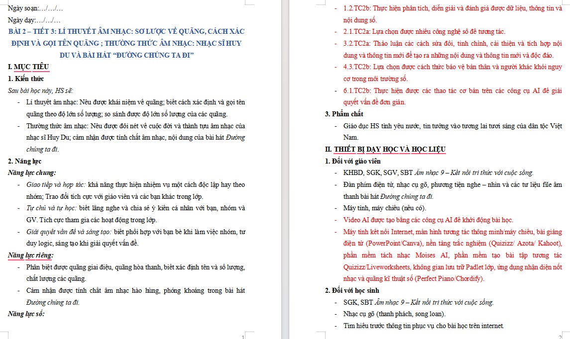 Kế hoạch bài dạy Âm nhạc 9 Tiết 3 NLS