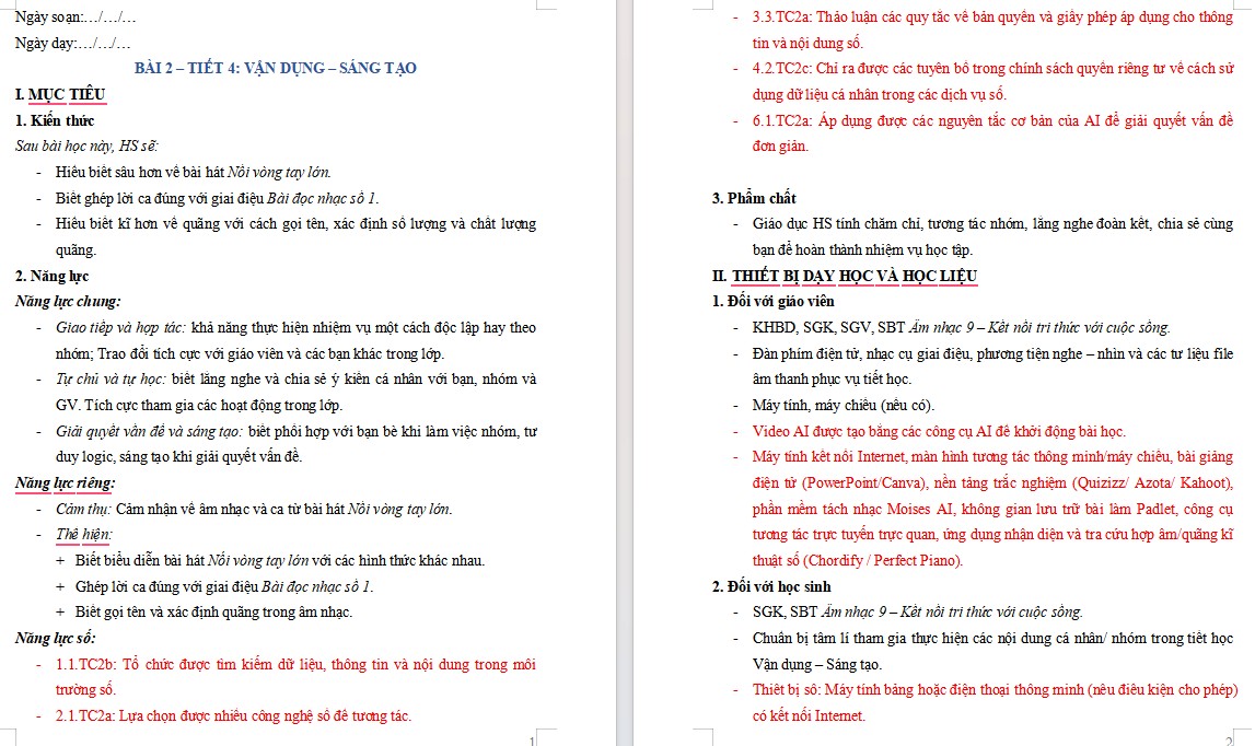 Kế hoạch bài dạy Âm nhạc 9 Tiết 4 NLS