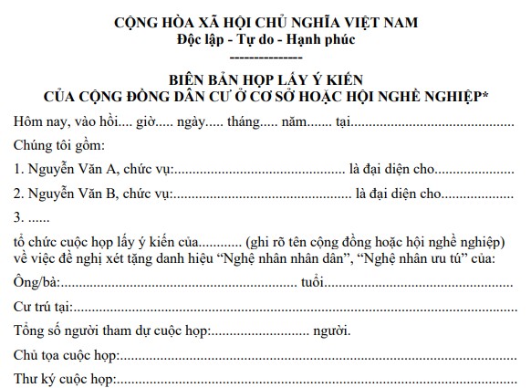 Mẫu biên bản họp lấy ý kiến của cộng đồng dân cư ở cơ sở hoặc hội nghề nghiệp
