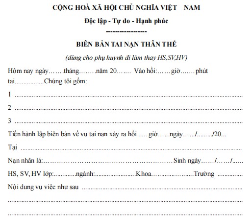 Mẫu biên bản về việc tai nạn thân thể