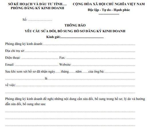 Mẫu thông báo yêu cầu sửa đổi, bổ sung hồ sơ đăng ký kinh doanh