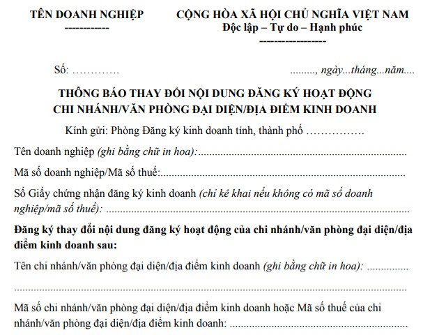 Mẫu thông báo thay đổi đăng ký hoạt động tại một điểm kinh doanh