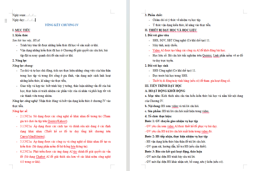 Giáo án Công nghệ Cơ khí 11 Tổng kết Chương 4
