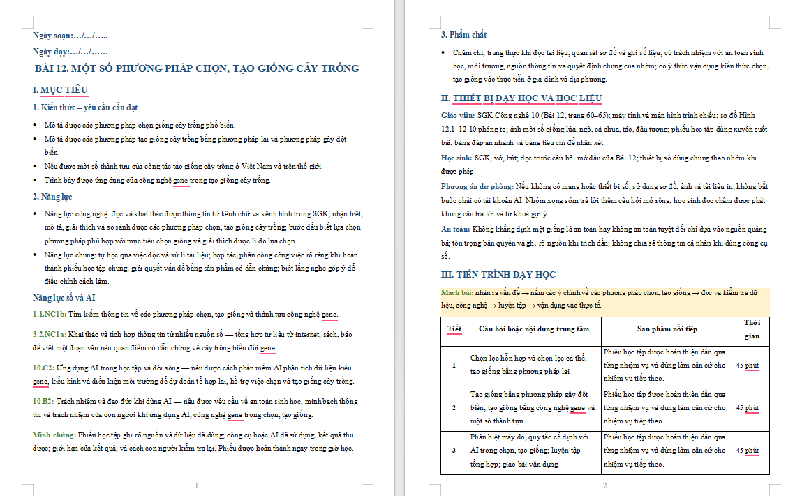 Giáo án Công nghệ Trồng trọt 10 Bài 12