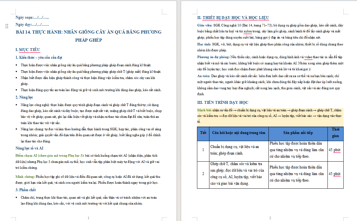 Giáo án tích hợp Năng lực số Công nghệ 10 Bài 14