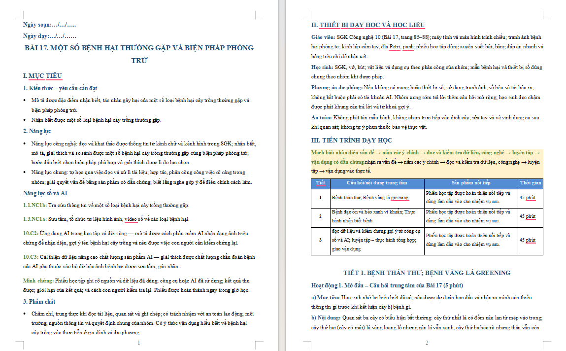 Giáo án tích hợp Năng lực số Công nghệ 10 Bài 17
