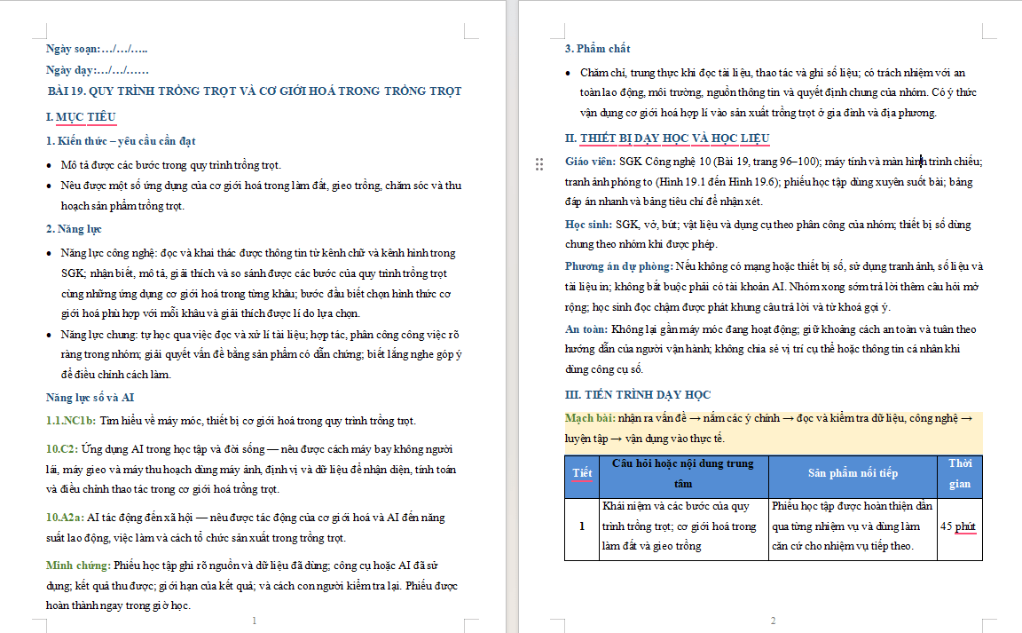 Giáo án tích hợp Năng lực số Công nghệ 10 Bài 19