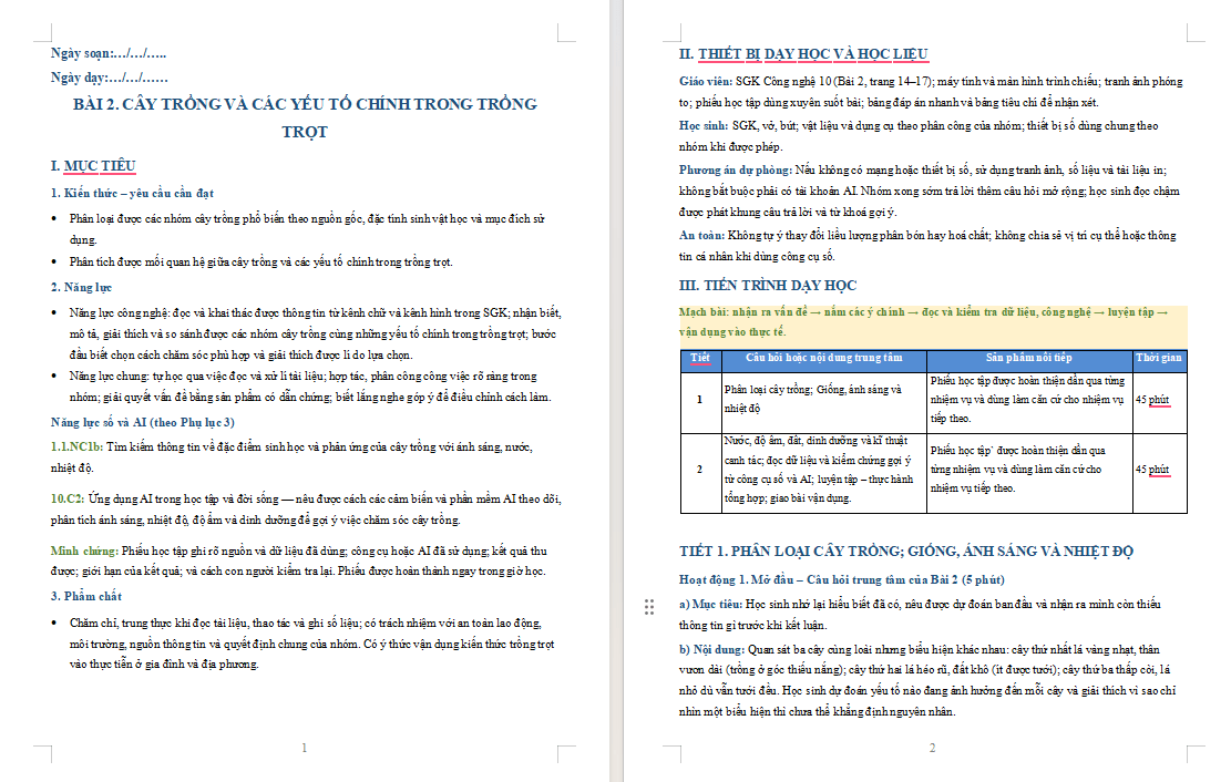 Giáo án Công nghệ Trồng trọt 10 Bài 2