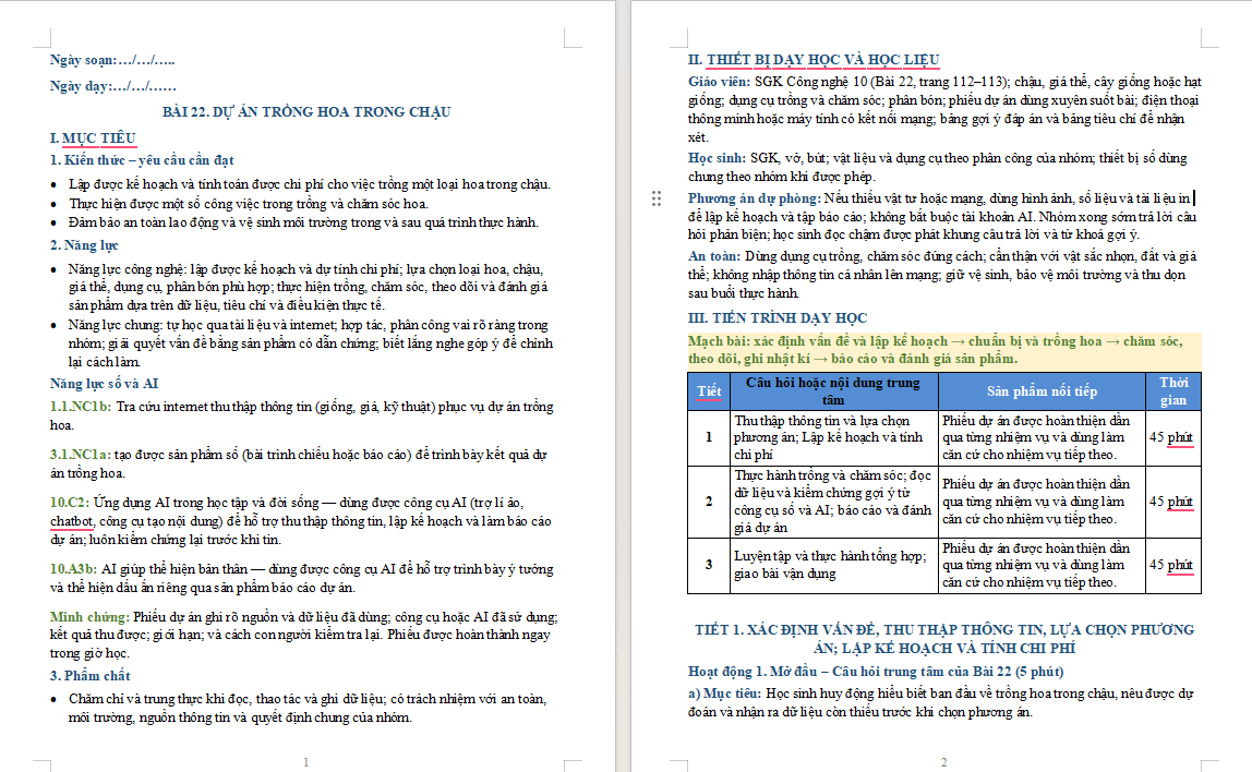 Giáo án Công nghệ Trồng trọt 10 Bài 22 