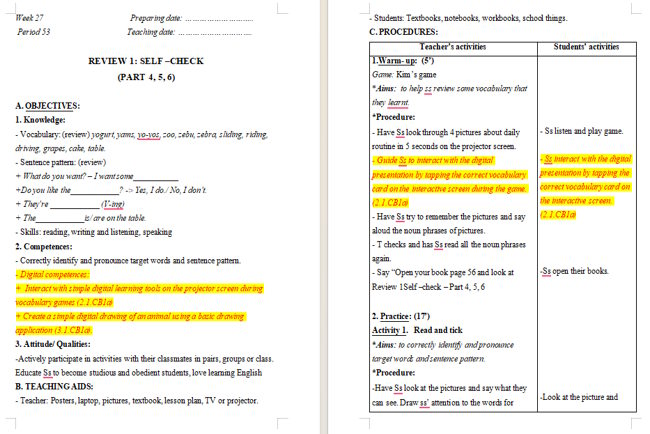 Giáo án tích hợp NLS Tiếng Anh 2 Review 3: Self-check