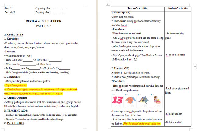 Giáo án tích hợp NLS Tiếng Anh 2 Review 4: Self-check