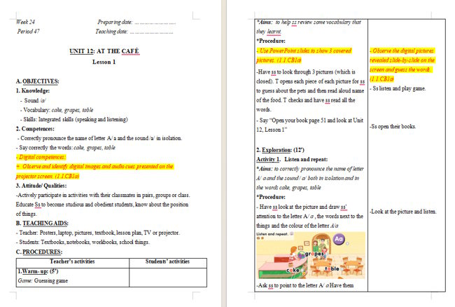 Giáo án tích hợp NLS Tiếng Anh 2 Unit 12: Lesson 1