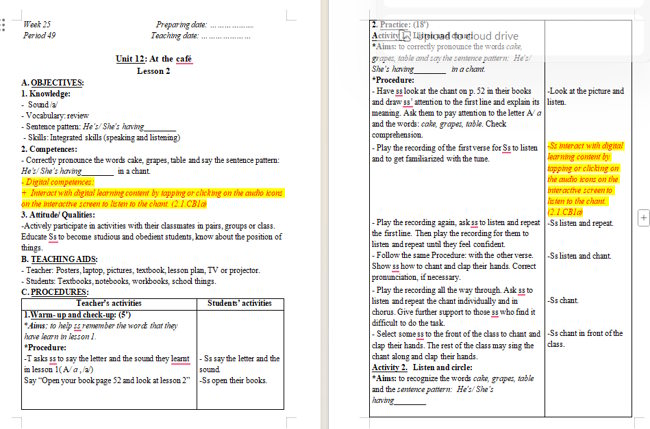 Giáo án tích hợp NLS Tiếng Anh 2 Unit 12: Lesson 2