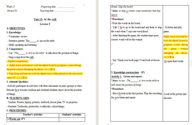 Giáo án tích hợp NLS Tiếng Anh 2 Unit 12: Lesson 3