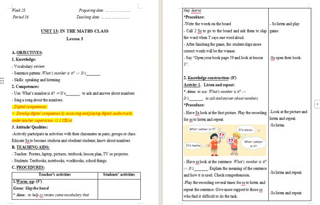 Giáo án tích hợp NLS Tiếng Anh 2 Unit 13: Lesson 3