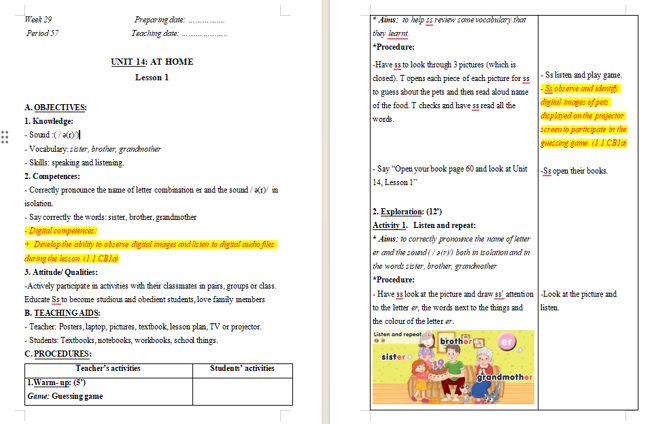 Giáo án tích hợp NLS Tiếng Anh 2 Unit 14: Lesson 1