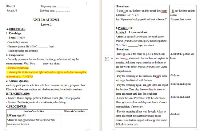Giáo án tích hợp NLS Tiếng Anh 2 Unit 14: Lesson 2