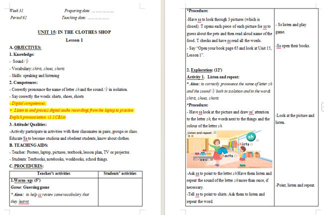 Giáo án tích hợp NLS Tiếng Anh 2 Unit 15: Lesson 1