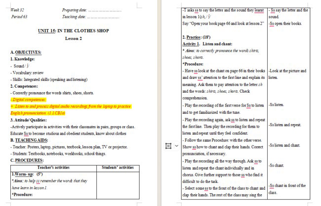 Giáo án tích hợp NLS Tiếng Anh 2 Unit 15: Lesson 2
