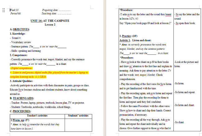 Giáo án tích hợp NLS Tiếng Anh 2 Unit 16: Lesson 2
