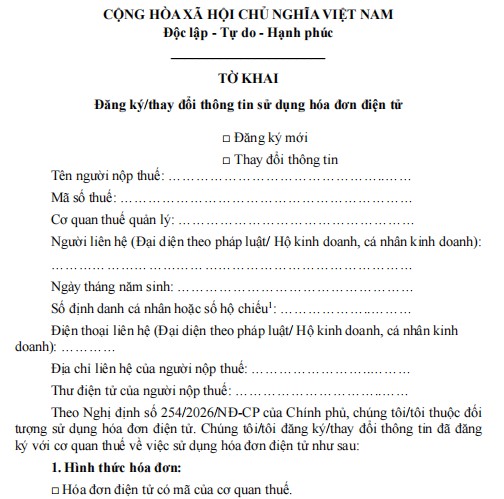 Mẫu 01/ĐKTĐ-HĐĐT: Tờ khai đăng ký/thay đổi thông tin sử dụng hóa đơn điện tử