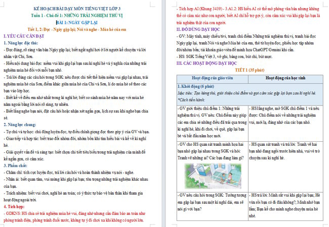 Giáo án tích hợp AI Tiếng Việt 3 Bài 1
