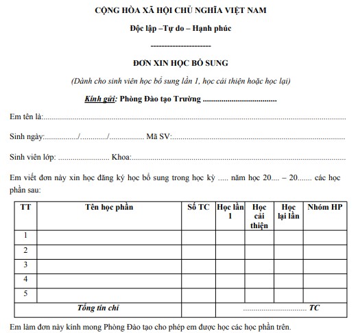 Đơn xin học bổ sung Mẫu đơn xin học bổ sung
