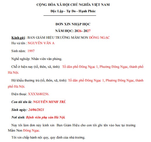 Đơn xin nhập học mầm non viết tay
