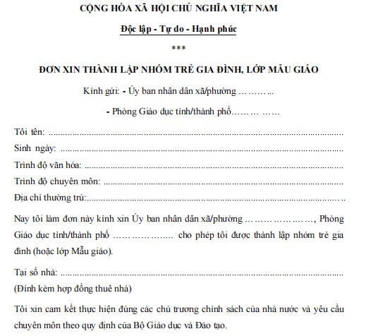 Đơn xin thành lập nhóm trẻ gia đình