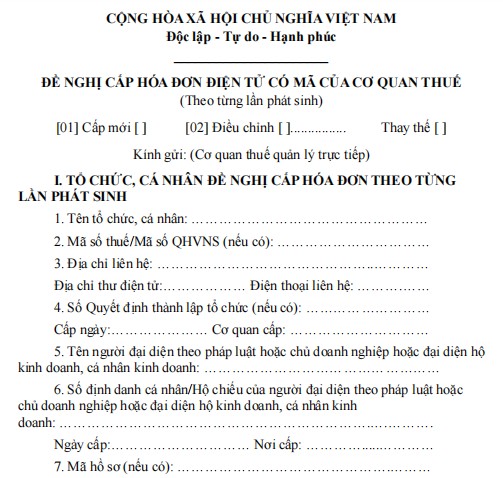Đề nghị cấp hóa đơn điện tử có mã của cơ quan thuế