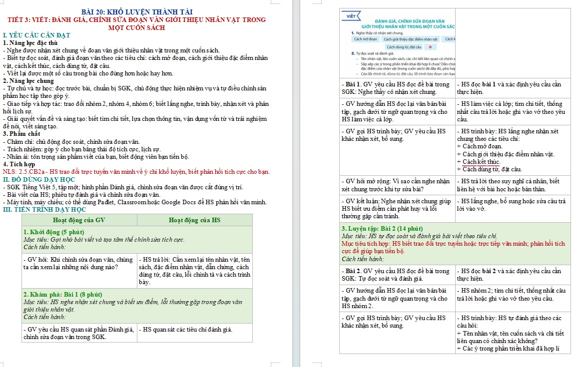 Kế hoạch bài dạy Tiếng Việt 5 Bài 20 NLS