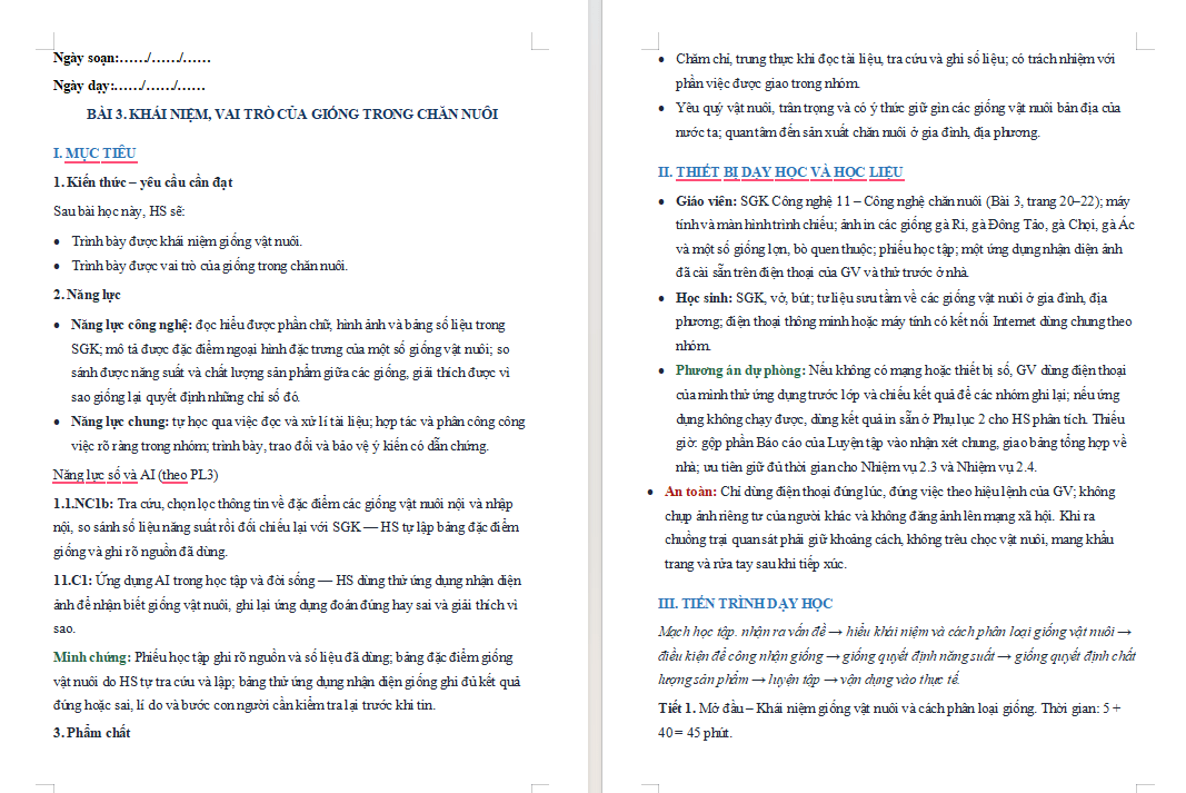 Giáo án Tích hợp NLS, AI Công nghệ Chăn nuôi 11 Bài 3