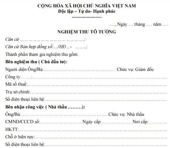 Mẫu biên bản nghiệm thu tô tường