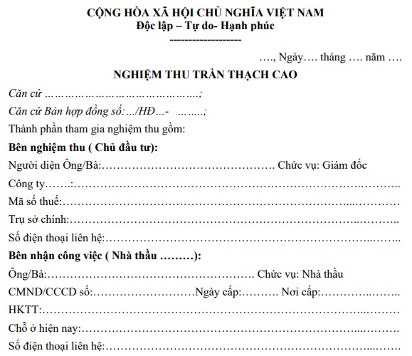 Mẫu biên bản nghiệm thu trần thạch cao