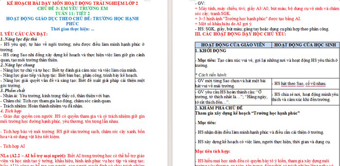Giáo án tích hợp Hoạt động trải nghiệm 2 Tuần 11: Trường học hạnh phúc